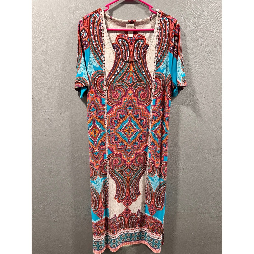 Chicos Womens Size 2 Paisley Medallion Print Short Sleeve Midi Sheath Dress